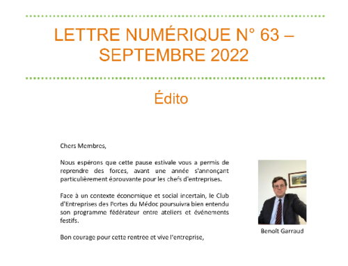 Lettre numérique N°63 Septembre 2022
